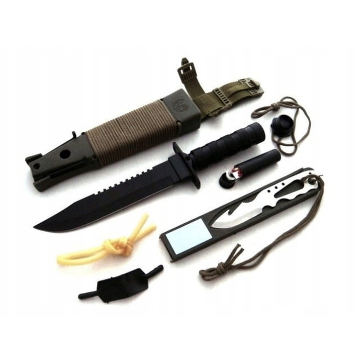 Cutit tactic Rambo, 35,5cm, lama 22cm, negru, set cu accesorii