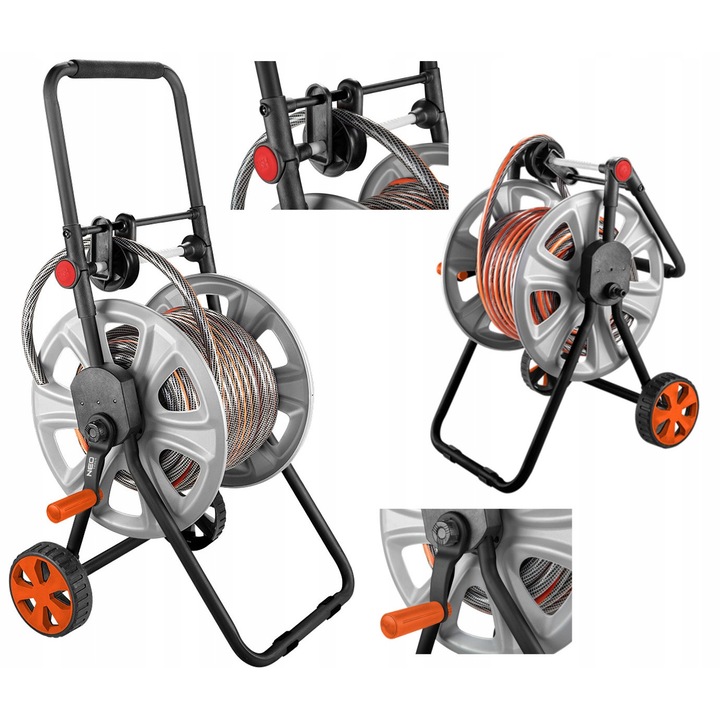 NEO kerti tömlőkocsi, fém, 60 m 1/2" tömlőhöz, összecsukható fogantyúval