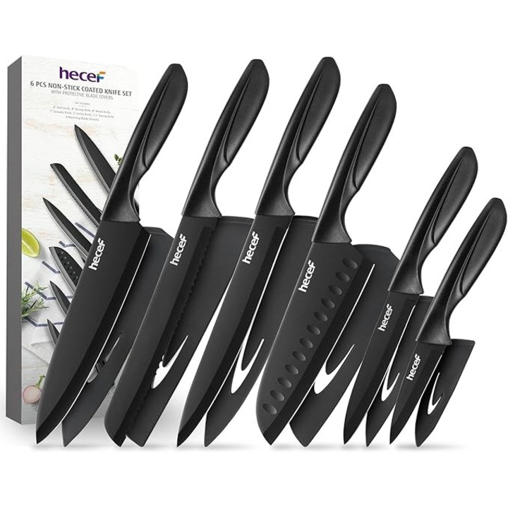 Set de cutite HECEF, negru, set de cutite de bucatarie cu strat antiaderent, manere ergonomice, sigur pentru masina de spalat vase, cutite de gatit ascutite cu protectie pentru lame, pentru incepatori si pasionati de gatit (6 piese)