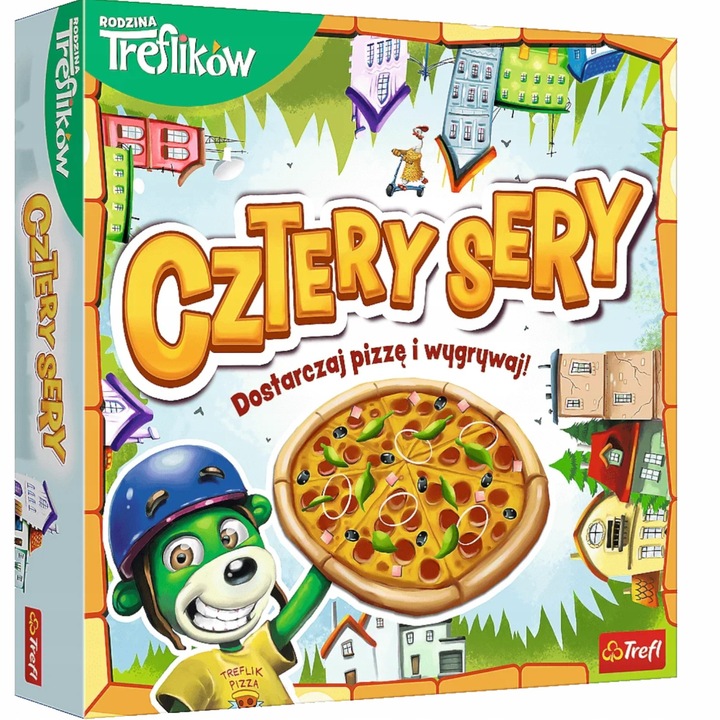 Joc de societate Cztery Sery, 4 pionki, 20 jetoane pizza, 20 carti adrese, 36 carti actiune