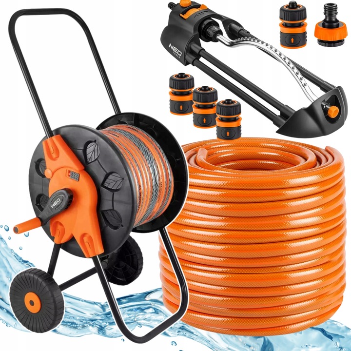 Neo Tools öntözőrendszer szett, 50m tömlő, orsó, locsolófej, csatlakozók