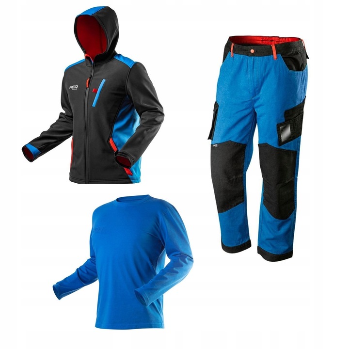Set imbracaminte de lucru NEO, pantaloni HD, jacheta softshell, tricou cu maneca lunga, negru-albastru, bumbac, impermeabil, S