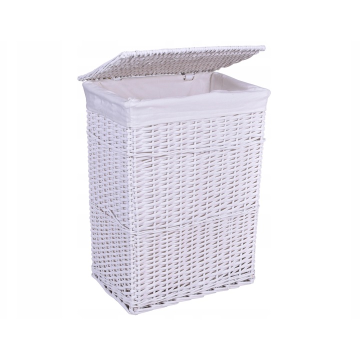 Кош за пране Gockowiak, 114L, бял, 66x48x36см, от естествен ратан, с ленена подплата