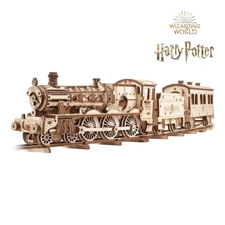 Set de constructie Hogwarts Express, tren cu locomotiva, vagoane si 3 figurine, 3D, fara lipici, 14+