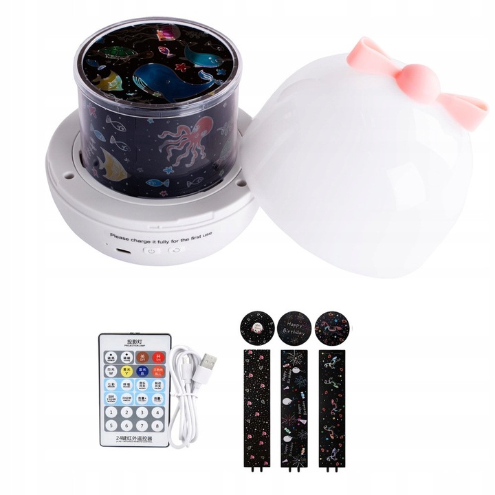 Proiector lampa de veghe pentru copii, 6 proiectii, alb, 13,5x13,5x14cm