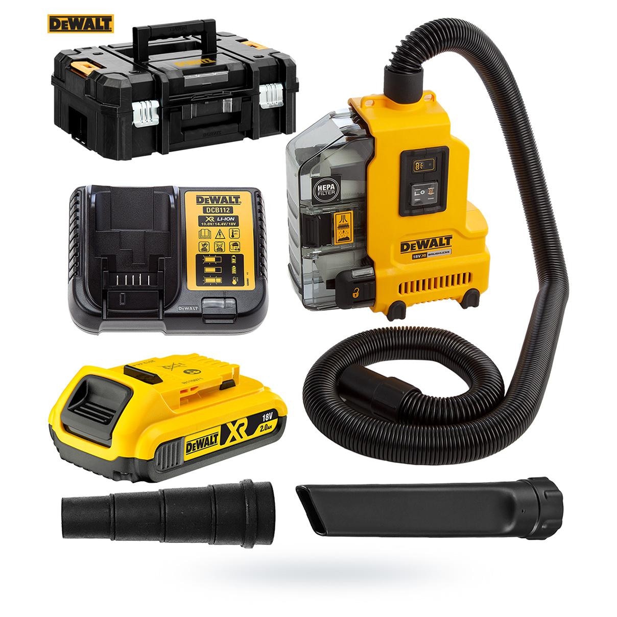 Aspirator fara fir 18V DeWALT DWH161, motor fara perii, filtr HEPA, 2Ah, 9 l/s, set complet in valiza TSTAK II