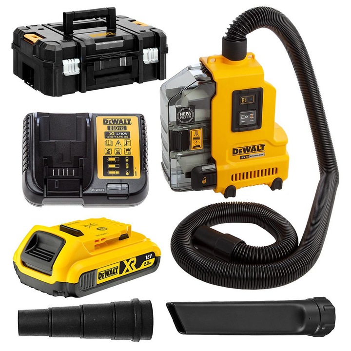 Aspirator fara fir 18V DeWALT DWH161, motor fara perii, filtr HEPA, 2Ah, 9 l/s, set complet in valiza TSTAK II