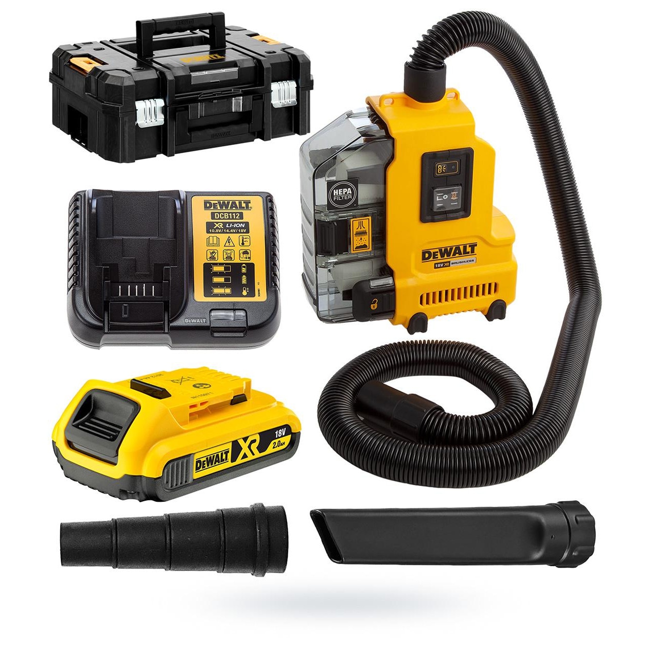 Aspirator fara fir 18V DeWALT DWH161, motor fara perii, filtr HEPA, 2Ah, 9 l/s, set complet in valiza TSTAK II