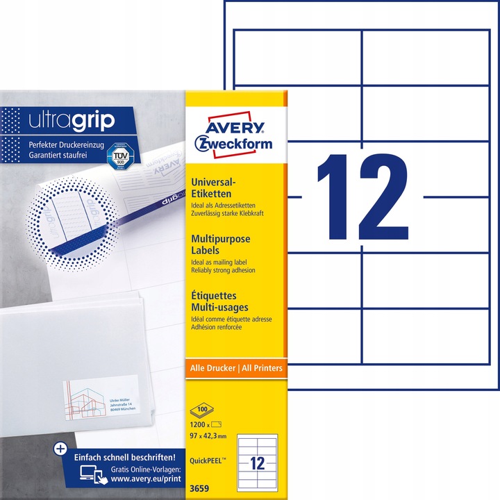 Etichete autoadezive A4, 100 foi, 97x42.3mm, alb, pentru toate tipurile de imprimante