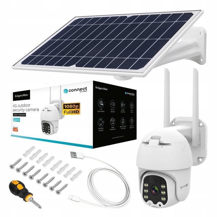 4G соларна камера за наблюдение Kruger&Matz Connect C100, микрофон, високоговорител, 2 Mpx, 310x170x110mm, пълен комплект