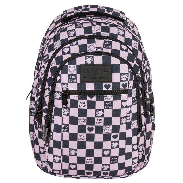 Háromrekeszes hátizsák, sakk mintás, 26 l, fekete és rózsaszín, 42x30x20cm