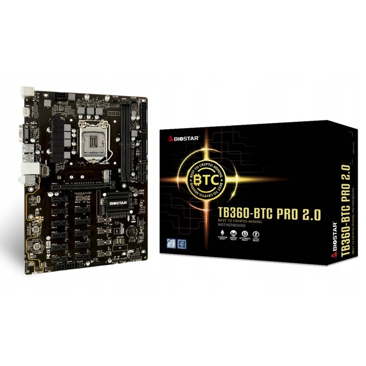 Дънна платка Biostar TB360-BTC PRO 2.0, 12 x PCI-E 3.0 за майнинг, цокъл LGA1151, поддръжка на 2x DDR4 до 32GB, DVI-D, USB 3.0, черна, 1 бр