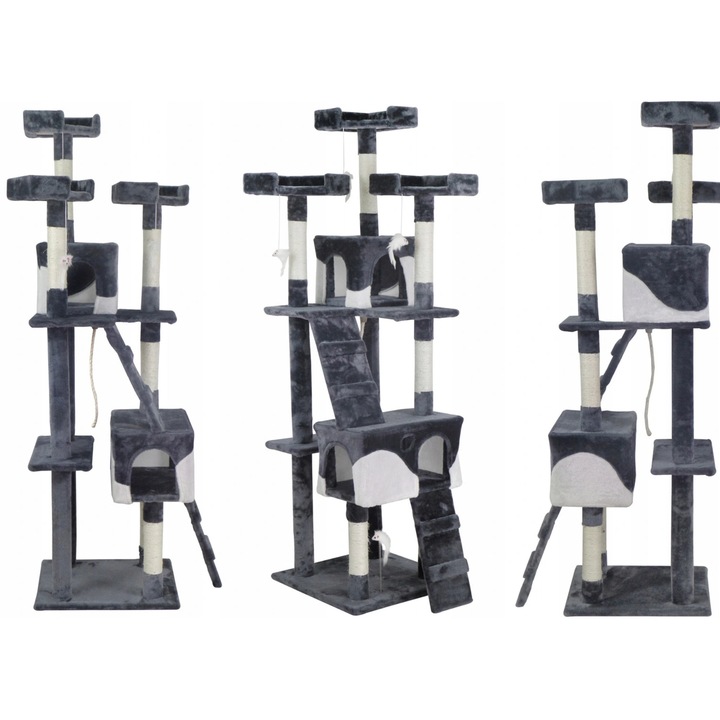 Drapak pentru pisici, 170cm, 5 niveluri, gri-alb, set cu jucarii