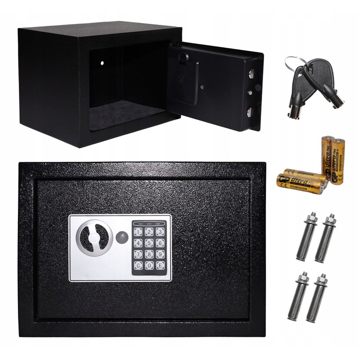 Seif domestic cu zavor electronic, 35x25x25 cm, 2 chei de rezerva, montare pe perete sau podea