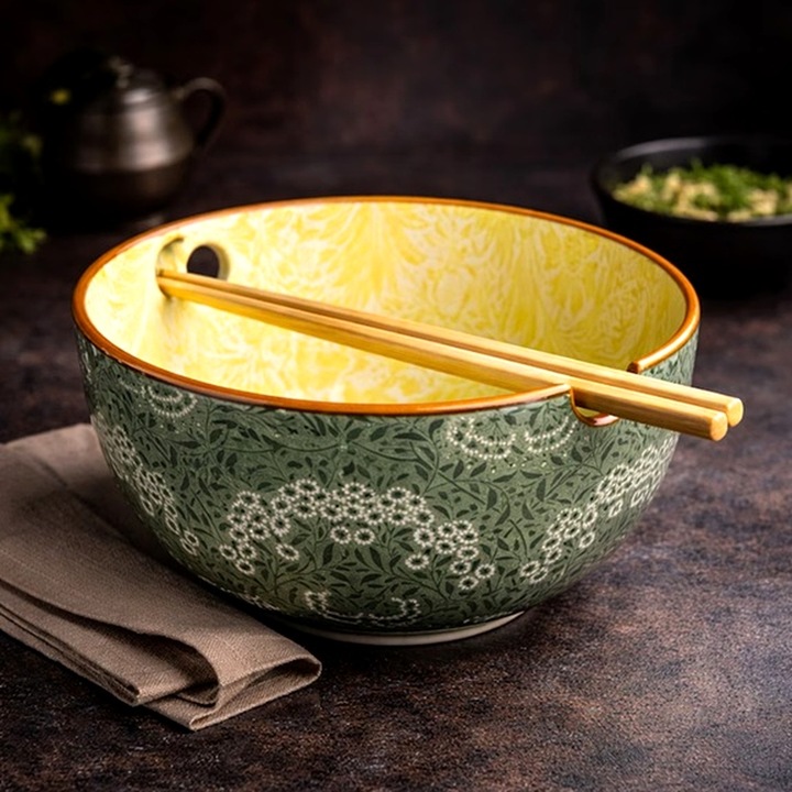 Азиатска купа Zanox®, Порцелан, 720 мл, Маслинено зелено с флорален мотив, с включени клечки, За Рамен, Нудли и Супа, 16 x 10 см