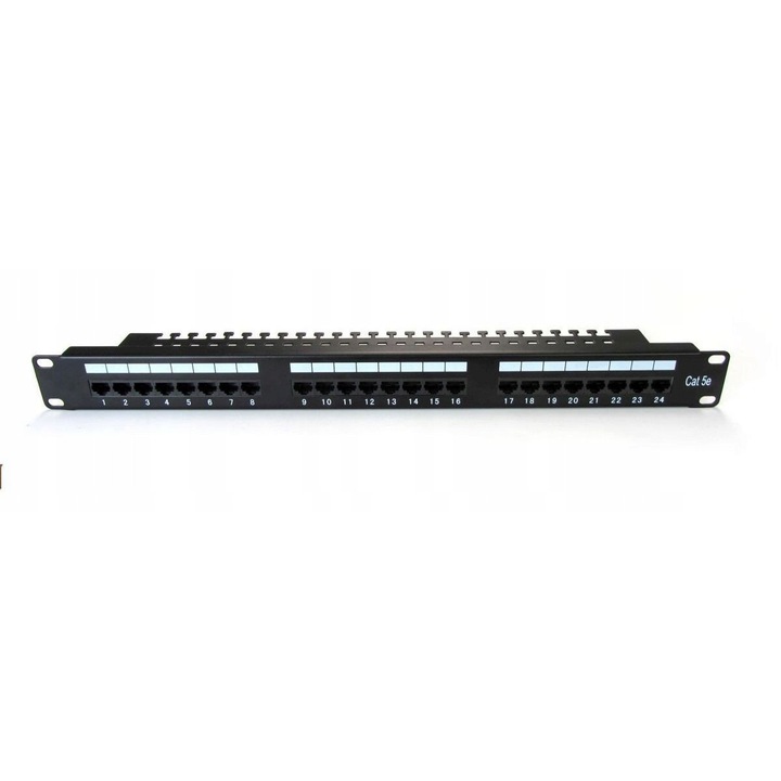 Patch panel 19" 24 portos kat. 5e, U/UTP, 1U, fekete