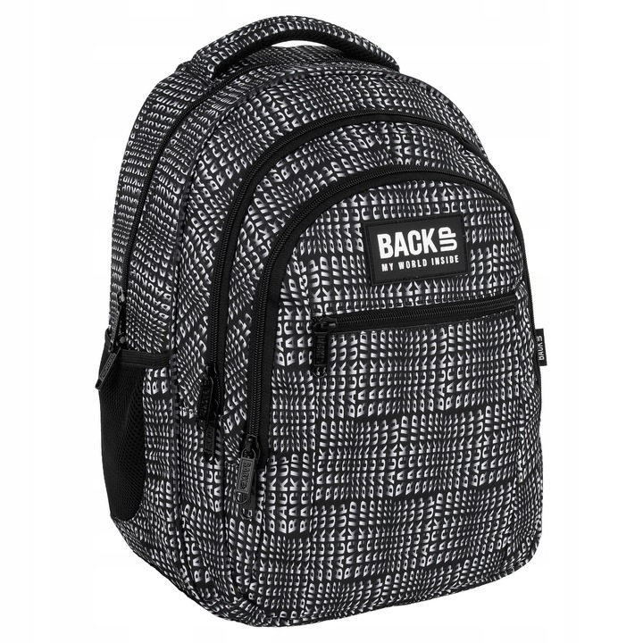 Iskolatáska BackUP LETTERS, 3 rekeszes, vízálló anyag, 26L, 42x30x20cm, fekete levélmintákkal