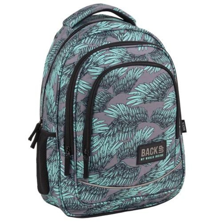 Többszínű iskolatáska, 3 rekeszes, szürke türkiz szárnyakkal, 42x30x20 cm, 26 l