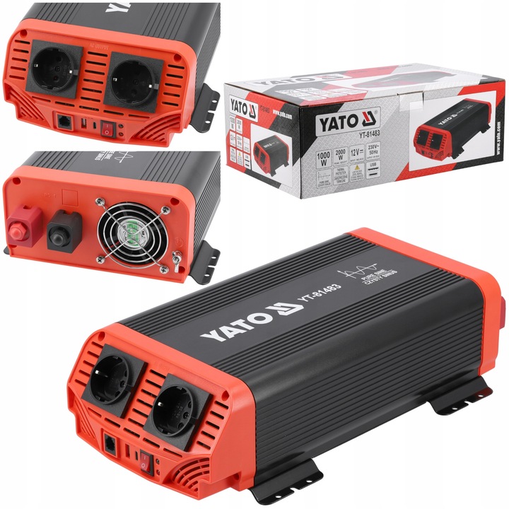 Invertor tensiune Yato YT-81483, 12V la 230V, 1000 W (varf 2000 W), sinus pur, USB-C si USB-A, negru/rosu