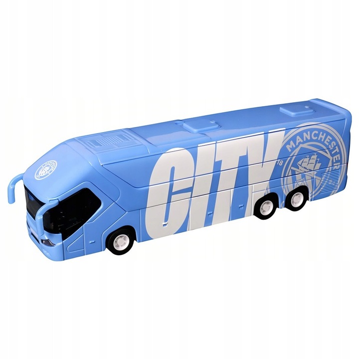 Manchester City FC busz, 25x7x5 cm, világoskék, működő kerekekkel és nyitható ajtókkal