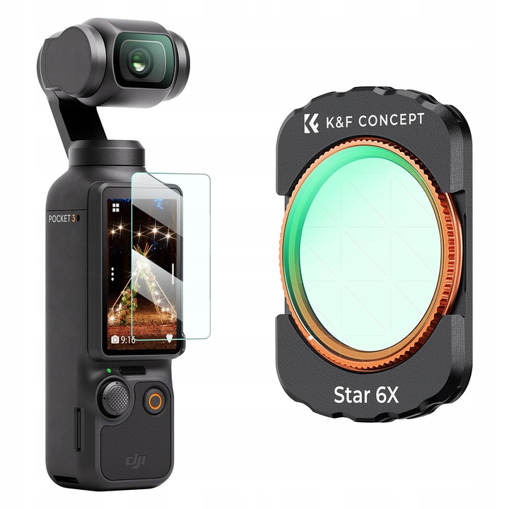 Фото филтър K&F Concept Star 6X KF01.2701, за DJI Osmo Pocket 3, магнитен монтаж, 6-точков звезден ефект, оптично стъкло с нано антирефлексни слоеве, Черен, 1 бр