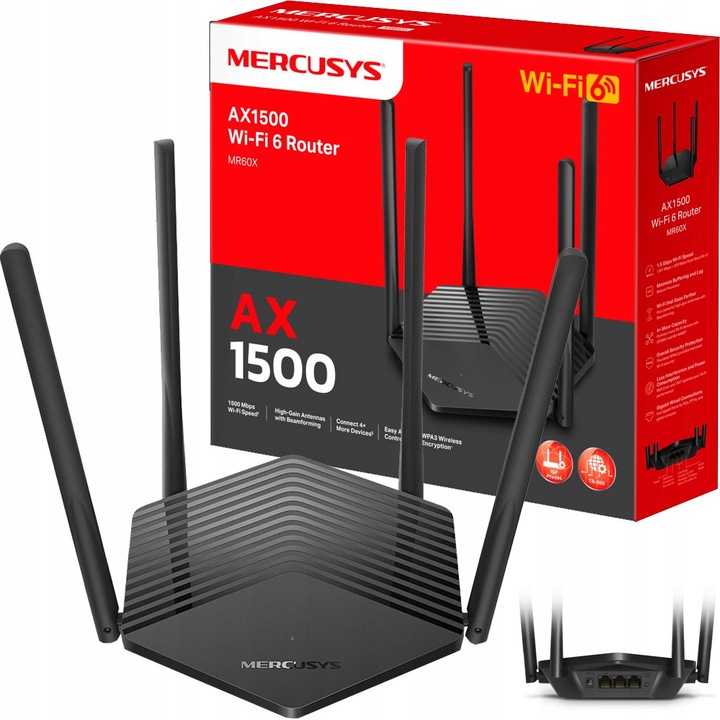 Router Wi-Fi 6 Mercusys MR60X, 1500Mb/s, 4 antene, 1x WAN, 2x LAN