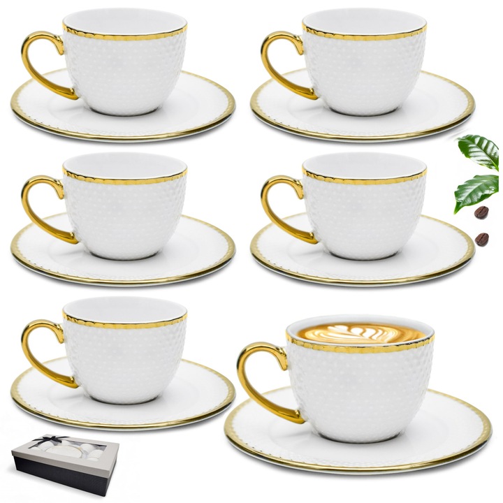 Set 6 cani cu farfurii Bella Fiore, portelan alb cu accente aurii, 280 ml