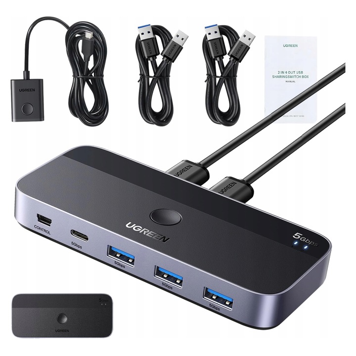 Ugreen CM662 USB превключвател, 3x USB 3.0, USB-C, черен