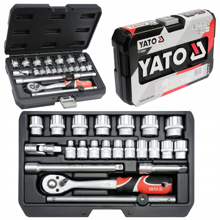 Szerszámkészlet 3/8", Yato, 22 darab, 72 fog, CrV anyag, autószervizhez és mechanikai munkákhoz