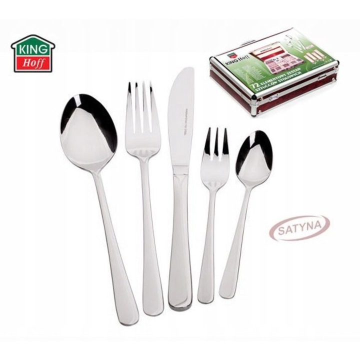 Kinghoff evőeszközkészlet, 72 részes, 18/10 rozsdamentes acél, ezüst, alumínium bőrönd