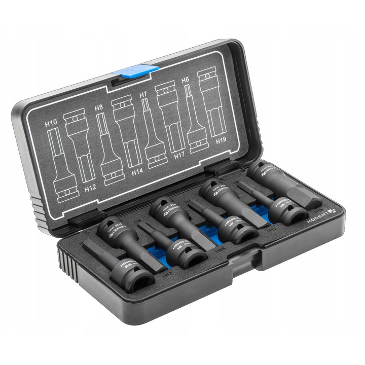 Set 8 chei HEX, Hogert Technik, 1/2", crom, dimensiuni H6-H19