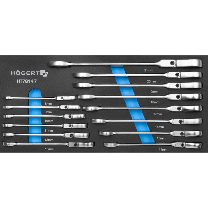 Set chei plasko-oczkowe cu prindere, Hoegert Technik, 14 piese, cromat, dimensiuni variate