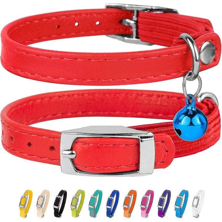 Zgarda pentru pisici din piele, cu clopotel metalic, marime ajustabila 9"-15", rosu