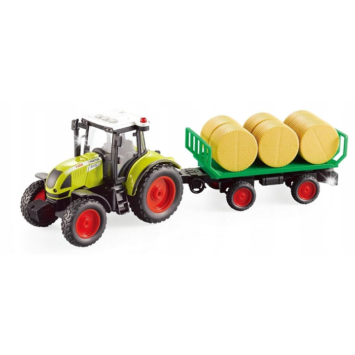 Голям трактор с ремарке за транспортиране на сено, 6 снопа, click4TOYS, 1:16, звукови и светлинни ефекти, 18,5x9,5x11,5см