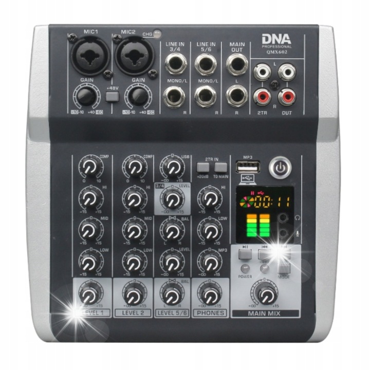 Аналогов аудио миксер DNA QMX602, 6 канала, Bluetooth, USB, батерия 2500 mAh, 18,6x18,2x5,2см
