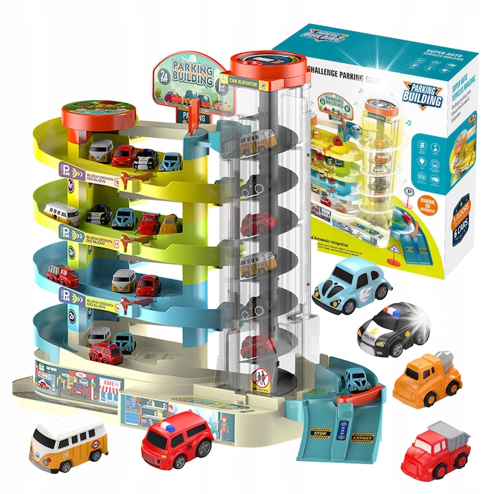 Set parcare auto cu 4 niveluri, 6 masinute, automata, click4TOYS, 42x36x14cm