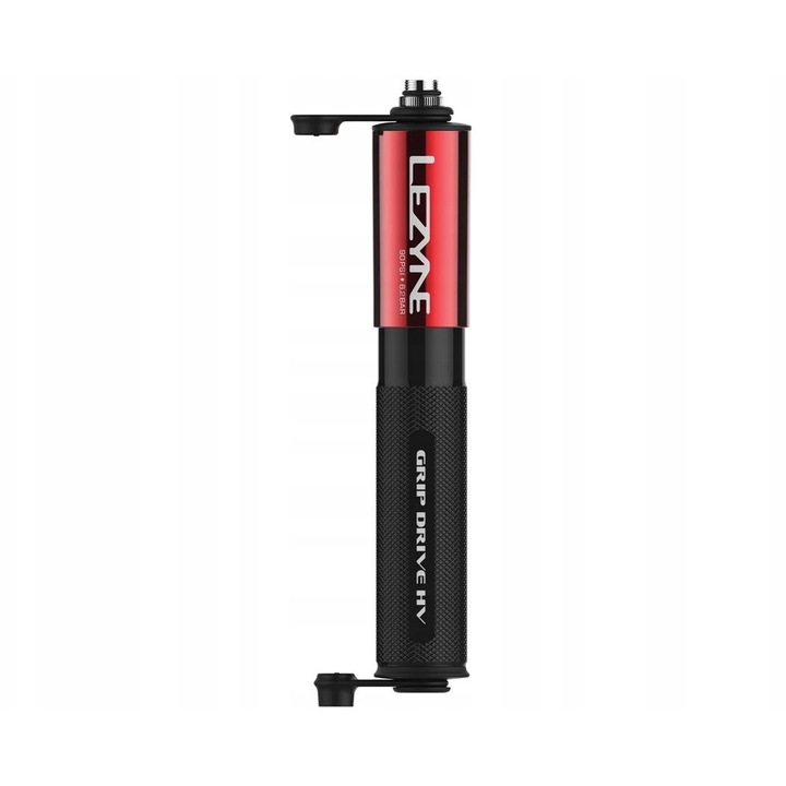 Lezyne Grip Drive HV S kézi kerékpárpumpa, hordozható pumpa, ABS Flex tömlővel, Presta/Schrader kompatibilis, max 90 PSI (6,2 bar), CNC alumínium, piros, 186mm