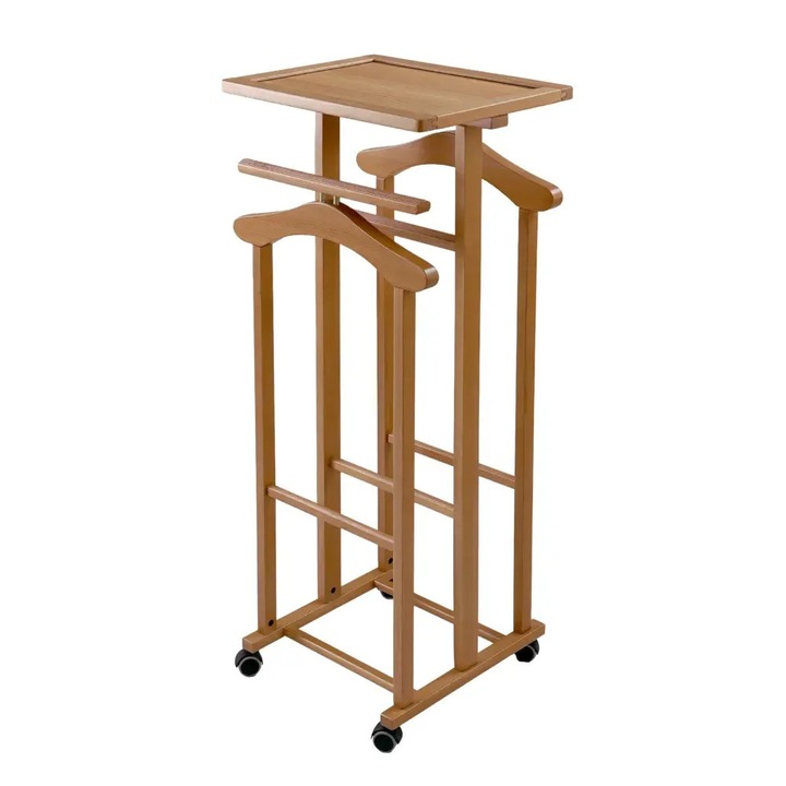 Portmantou suport haine si accesorii Arredamenti Italia, Smart, 107x44 cm, 2 postamente camasi/sacouri, cadre pantaloni, raft superior integrat, structura din lemn masiv de fag, depozitare eficienta, design practic, roti transport, lemn cires