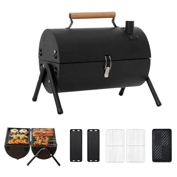 Преносимо градинско барбекю, Неръждаема стомана, Сгъваем дизайн, Дървени въглища, 38 х 25 х 38 сантиметра, Черен