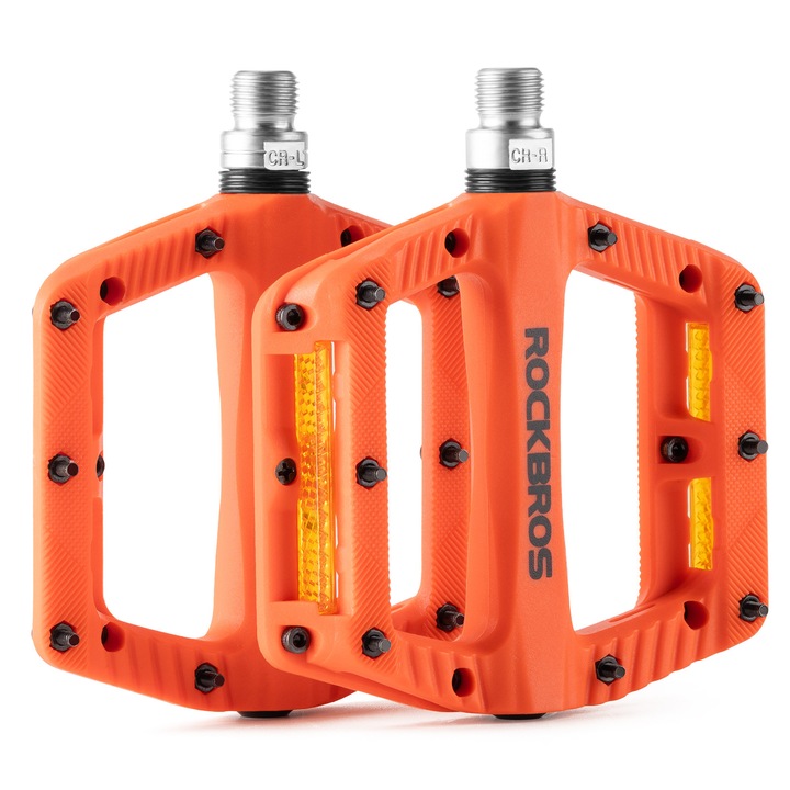 Pedale de bicicleta, ROCKBROS, 370011, pedale platforma usoare din nailon cu benzi reflectorizante, filet 9/16", portocaliu