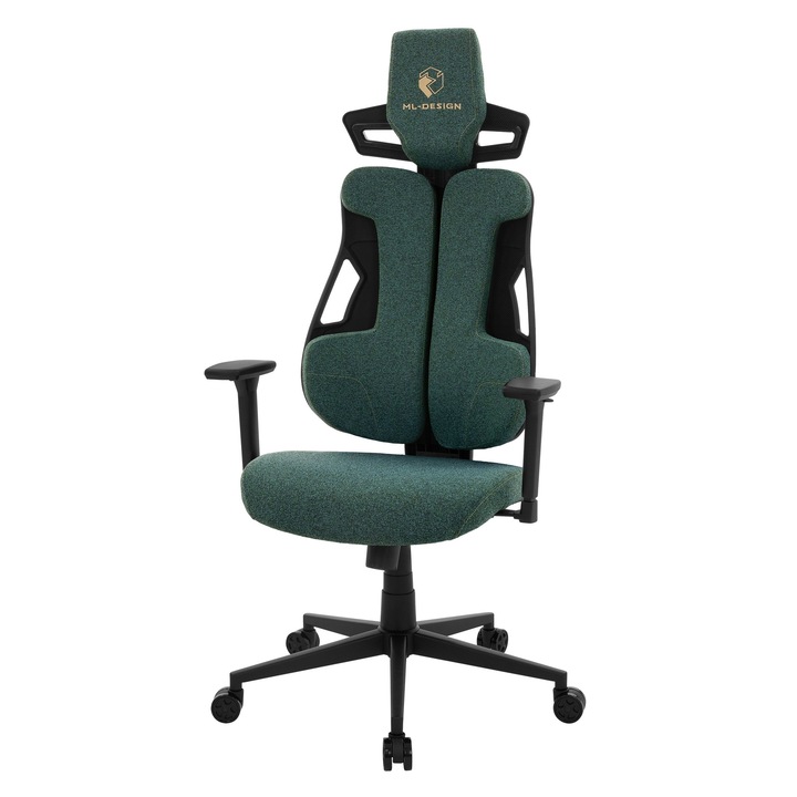 Scaun gaming ML-Design ergonomic, din tesatura verde, suport lombar, tetiera, cotiere 3D, reglabil individual, greutate maxima: 150 kg, racing gamer rotativ pentru computer, jocuri video, birou