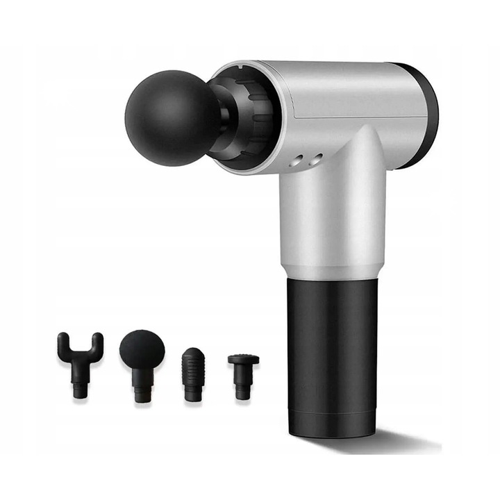 Масажен пистолет Fascial Gun, 4 глави, 6 нива на мощност, сребрист, 22,2x6,5x23см
