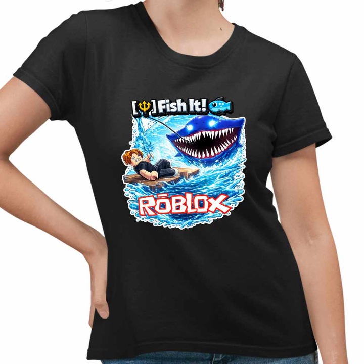 Tricou Femei Roblox Fish it Pescar Huggy Wuggy, negru, marime XL