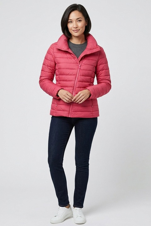 Női rózsaszín puffer kabát cipzárral M/L