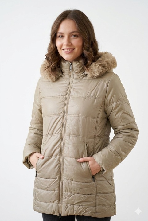 Geaca dama crem matlasata cu gluga si blana, captusita, inchidere fermoar M/L