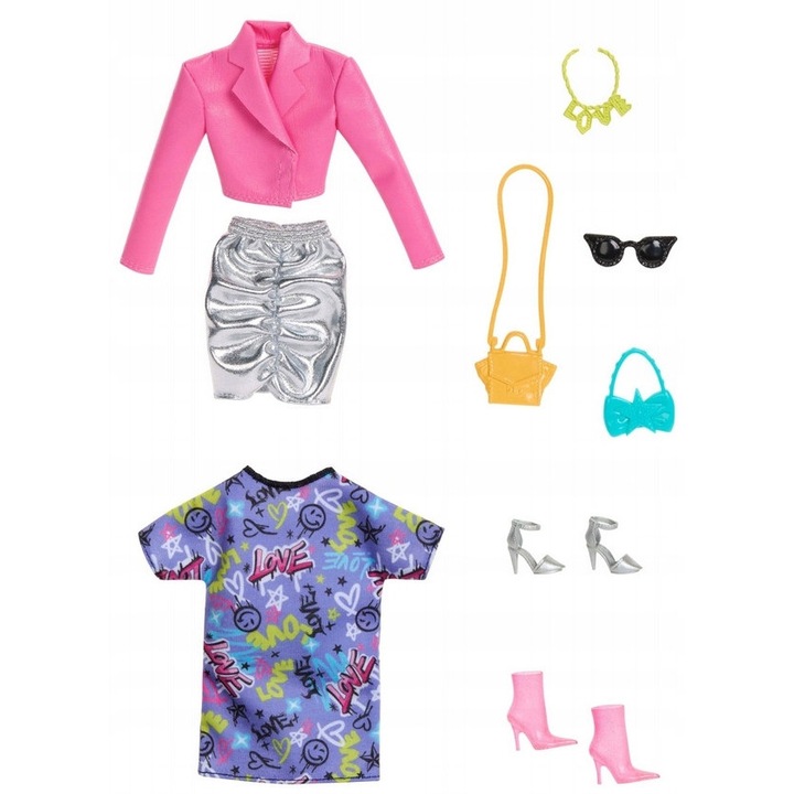 Papusa Barbie Fashion Doll HYT61, set cu 3 stilizari, rochie cu paiete, blazer roz, 33x26x7cm