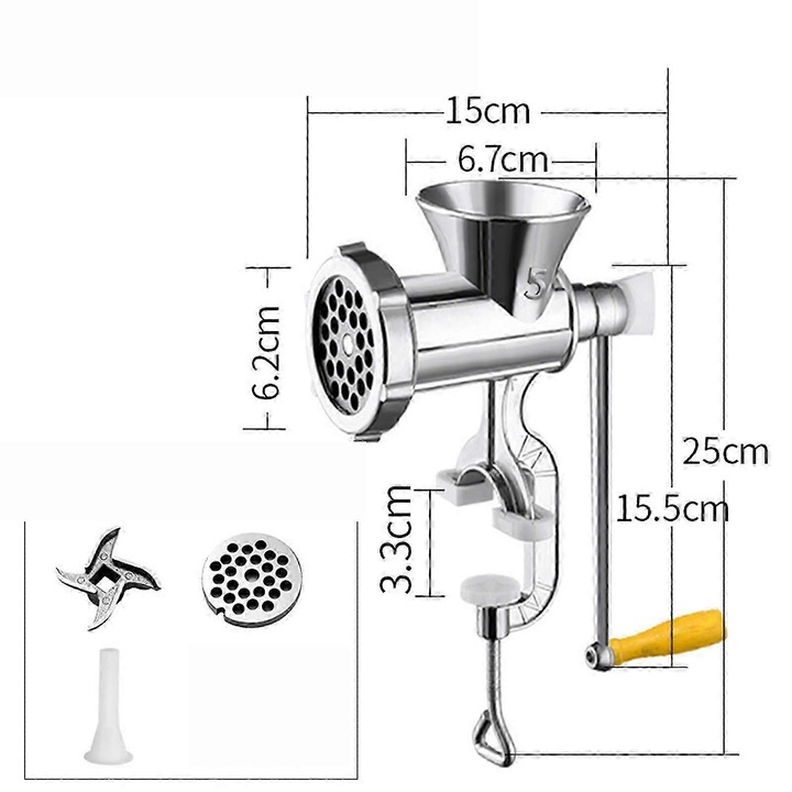 Masina de tocat manuala din aluminiu, set pentru tocat carne, design ergonomic, usor de utilizat, 30x15cm