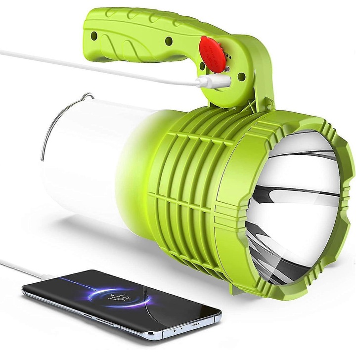 Акумулаторен LED фенер, 4 режима на осветяване, водоустойчив, обхват 400м, комплект фенер и външна батерия