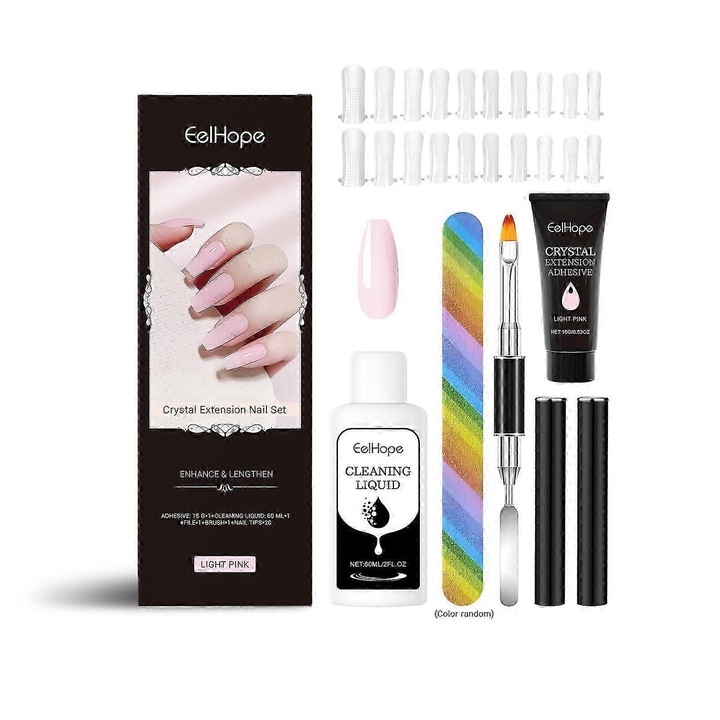 Комплект за нокти Poly Gel, 15гр гел, 20 форми за нокти, пила, 60мл почистващ разтвор, телесно розови нюанси