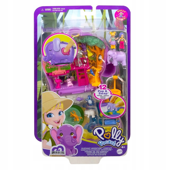 Polly Pocket játékszett, az elefánt kalandja, 13 kiegészítő, többszínű